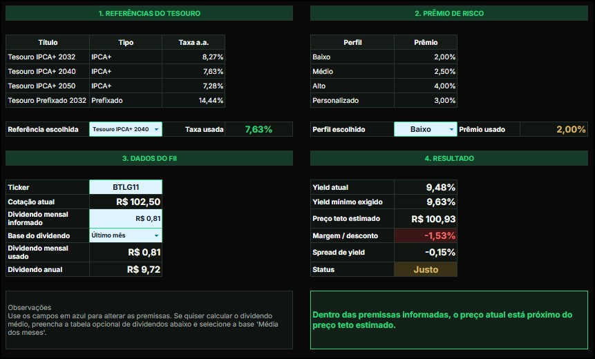 Screenshot real da calculadora de preço teto para FIIs